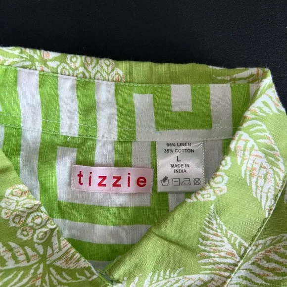 Tizzie Bright Green Pineapple Linen Popover Blouse Top Size L - Picture 5 of 9